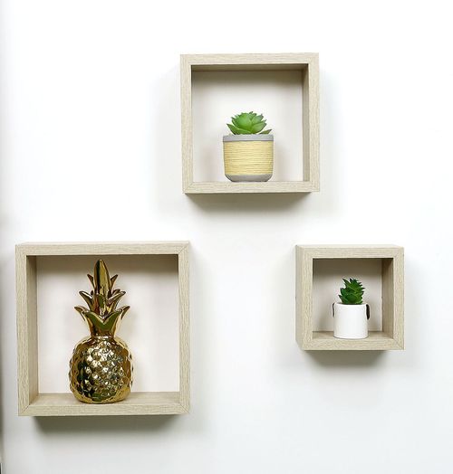 Set of 3 Oak Cube Floating Wall Shelves